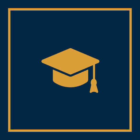 Graduation cap icon on blue background.