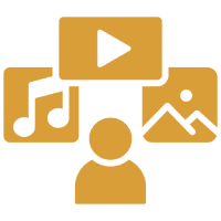 Person with music, video, and photo icons.